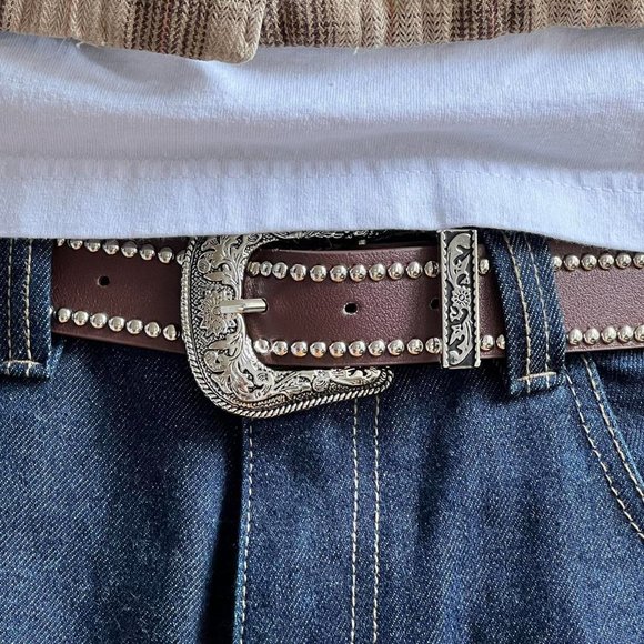 vintage brown studded american western cowboy boho belt - Picture 3 of 8